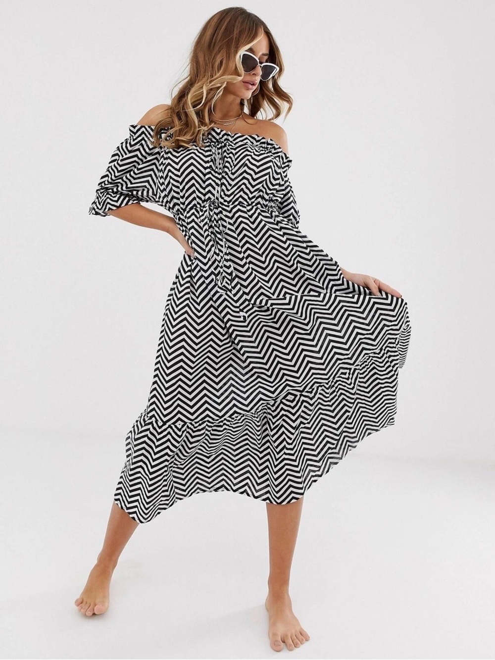 ASOS Black and White Off-Shoulder Chevron Midi Dress
